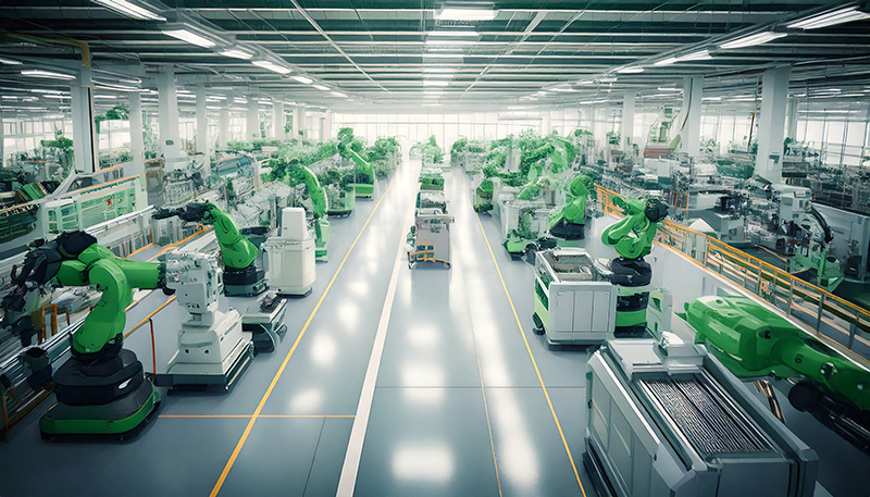 Industrieroboter in einer Maschinenhalle