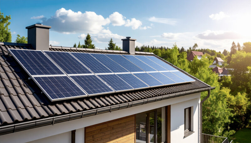 Firefly_Solaranlage auf dem dach einer modernen Einfamilienhauses, blauer himmel. Bäume, Wies 419116 Roof with solar panels
