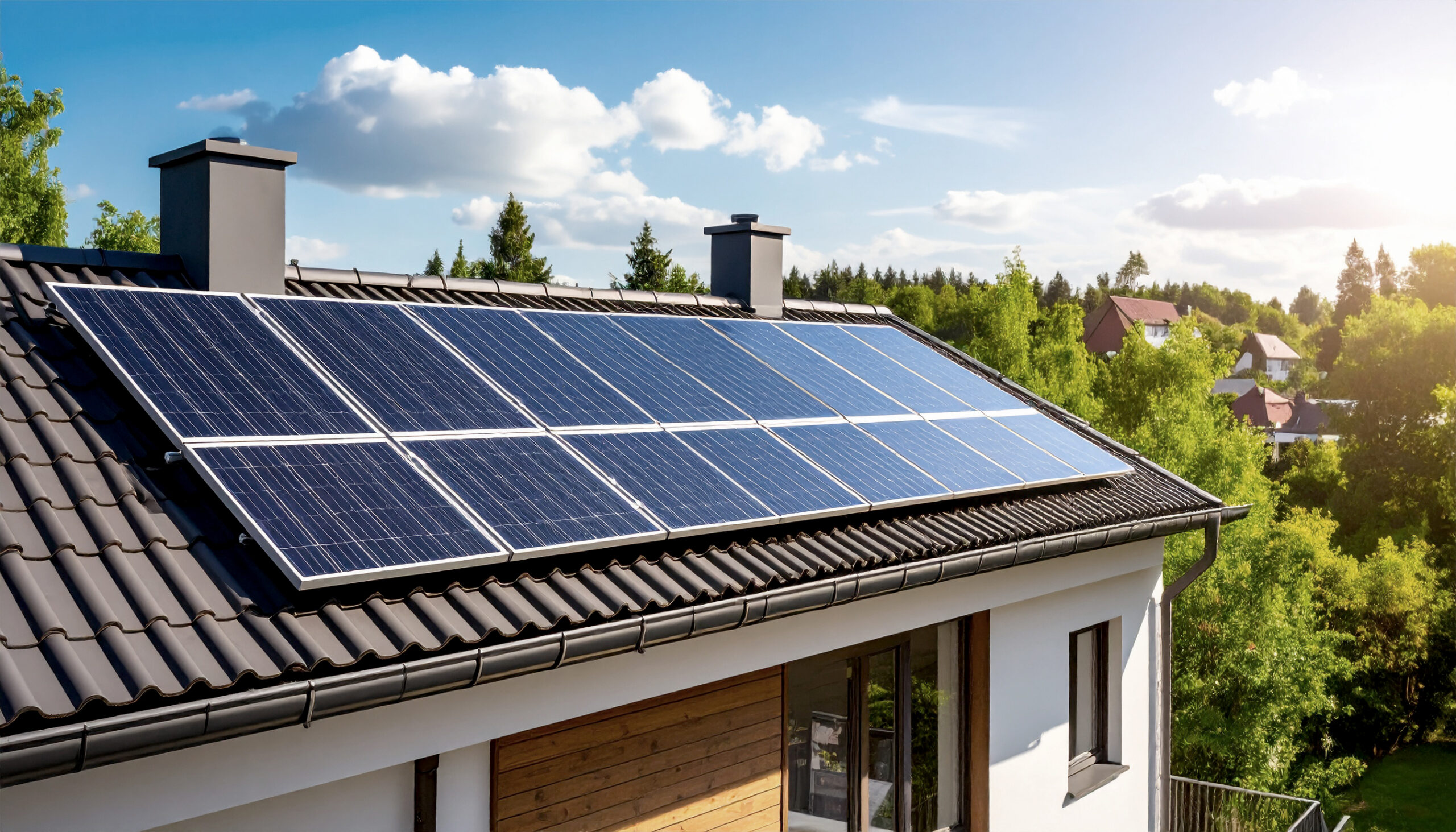 Firefly_Solaranlage auf dem dach einer modernen Einfamilienhauses, blauer himmel. Bäume, Wies 419116 Solar panels on the roof